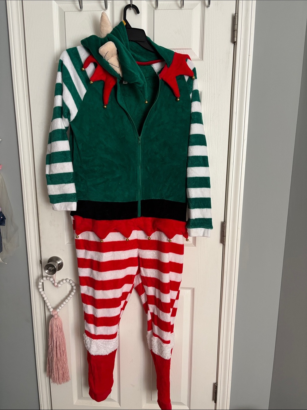 Womens Holiday Elf Costume - Green & Red Striped Jumpsuit